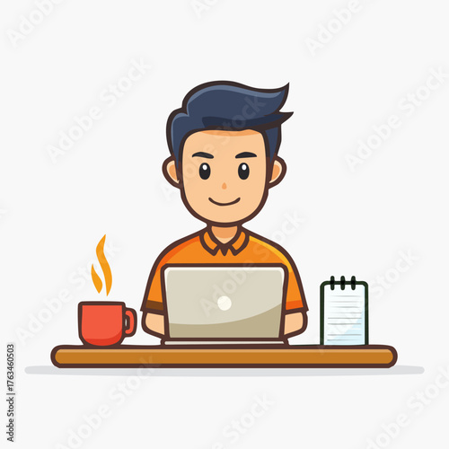 Man Working on Laptop with Coffee and Calendar.