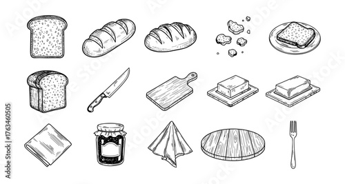 Hand drawn bread and breakfast items set with cutting board and knife