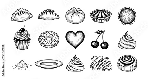 Hand drawn bakery icons featuring pies, pastries, and sweet treats