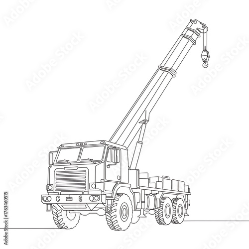 Crane Truck in Operation: A detailed line drawing showcases a powerful crane truck, poised for heavy lifting, its arm extended to reach new heights.