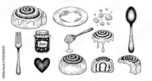 Hand-drawn cinnamon rolls and cutlery with jam jar and honey drip