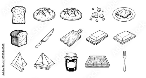 Hand drawn bread and breakfast essentials collection for culinary art projects