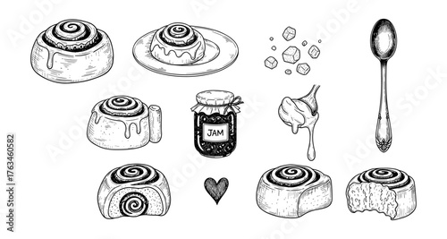 Hand-drawn cinnamon rolls and jam with spoon and sugar cubes