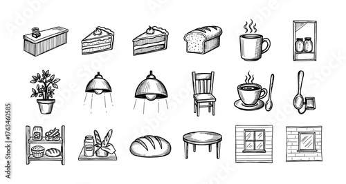 Hand drawn bakery and cafe elements collection with furniture and decor items