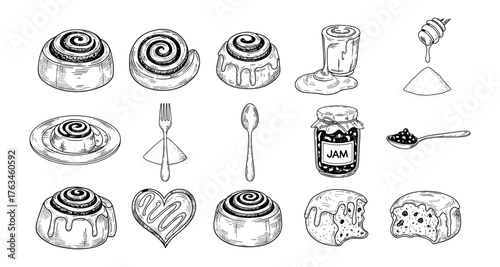 Hand drawn cinnamon rolls with sweets and jam illustrations