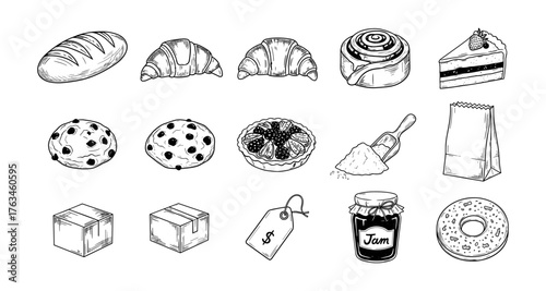 Hand drawn bakery and confectionery icons with packaging and ingredient elements