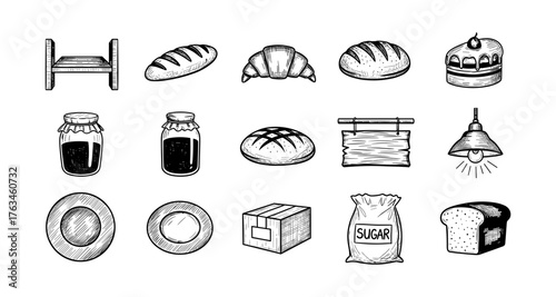 Hand drawn bakery icons with bread, pastries, and kitchen elements in black and white