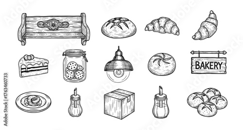 Hand-drawn bakery elements: bread, pastries, and rustic charm