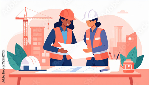 Female Architects Discussing Building Blueprint at Construction Site
