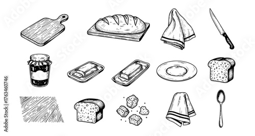 Rustic kitchen elements set with bread, utensils, and ingredients in hand drawn style