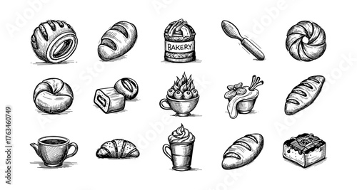 Hand-drawn bakery items collection featuring pastries and breads