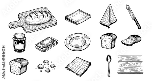Hand drawn bread and kitchen elements collection with rustic style