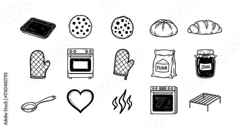 Hand drawn baking elements: oven, bread, cookies, mittens, ingredients