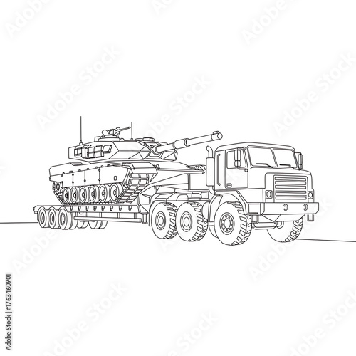 Armored Tank on Heavy Transport: A detailed outline of a powerful armored tank, securely mounted on a robust heavy transport vehicle, ready for deployment.