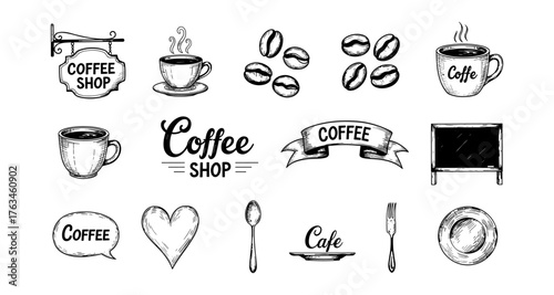 Hand drawn coffee elements set with cups, beans, and typography for cafes