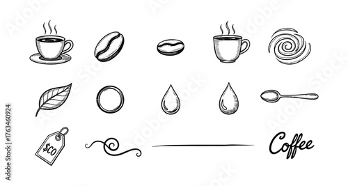Hand drawn coffee elements with cups, beans, and spoons in vintage style