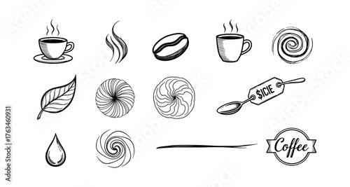Hand-drawn coffee elements collection with cups, beans, and decorative swirls