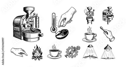 Hand drawn coffee roasting and brewing elements with hands and cups