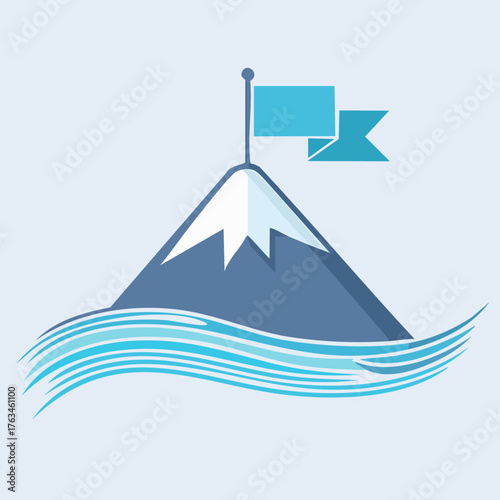 Mountain Peak with Flag and Waves Illustration.