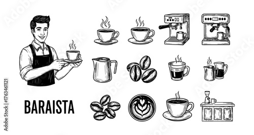 Barista and coffee elements in vintage style with espresso machines and cups