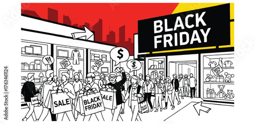 Crowds flock to black friday sales in a bustling city scene