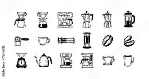 Hand drawn coffee equipment collection featuring various brewing tools and accessories
