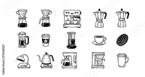 Coffee brewing equipment icons: french press, espresso, drip machines