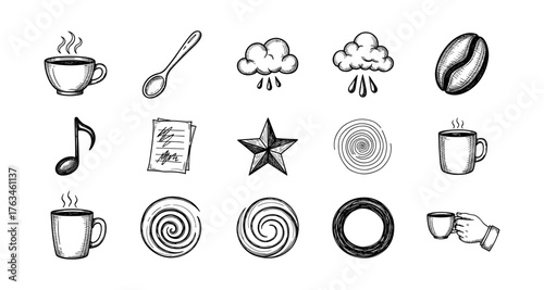 Hand drawn coffee and weather icons with musical and spiral elements