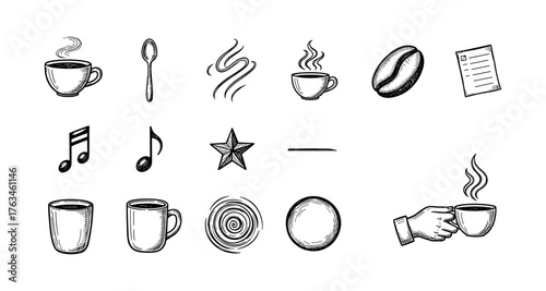 Hand drawn coffee icons set with musical notes and stars
