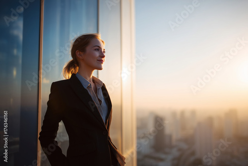 Young Caucasian Businesswoman Confidently Looking City Skyline Sunset Reflecting Future Success Ambition