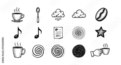 Hand drawn coffee and music icons set with weather elements