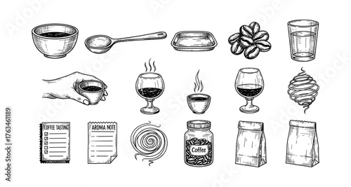 Hand drawn coffee elements collection with cups, beans, and bag designs