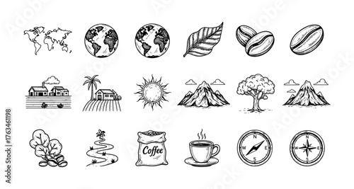 Hand-drawn world map, coffee elements, and nature symbols collection