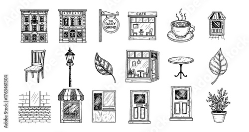 Hand drawn vintage café and city elements with coffee cup and architectural features