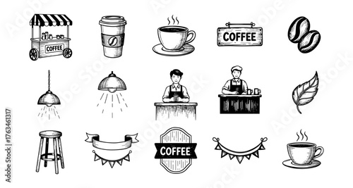 Hand-drawn coffee elements set with cups, beans, barista, and signs