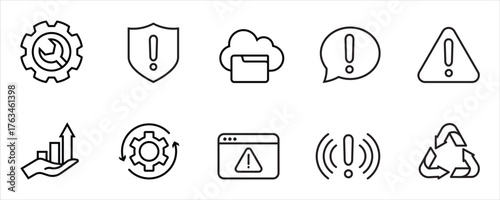 Set of warning and alert line icons including exclamation mark, error message, notification bell, shield, and security alert, vector illustration isolated