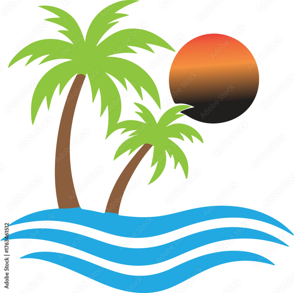 Fototapeta premium Tropical island sunset with palm trees and ocean waves