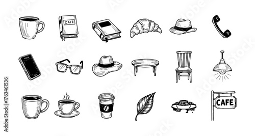 Hand drawn cafe elements: coffee cups, books, hats, chairs, and more in black and white design
