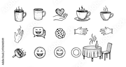 Hand drawn coffee and food elements collection for creative designs