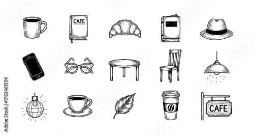 Vintage coffee shop essentials sketch with books and accessories