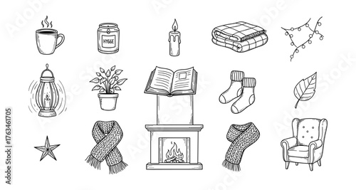Cozy autumn hygge elements collection with hand drawn style