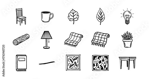 Hand-drawn home essentials collection featuring furniture, plants, and household items