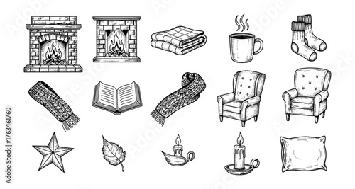 Cozy hand-drawn winter elements set: fireplace, warm drinks, and comfy decor
