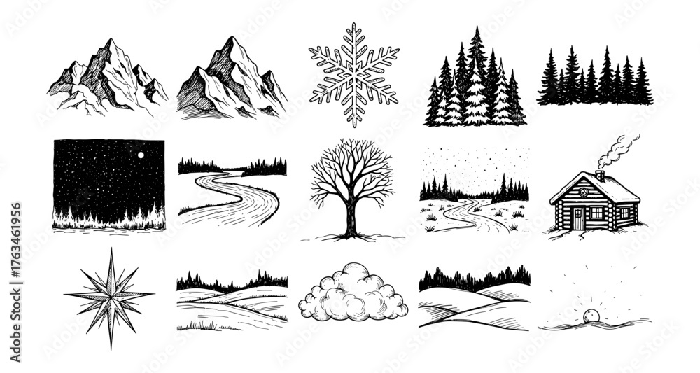 Obraz premium Hand-drawn winter nature with mountains, trees, and cabin in black and white