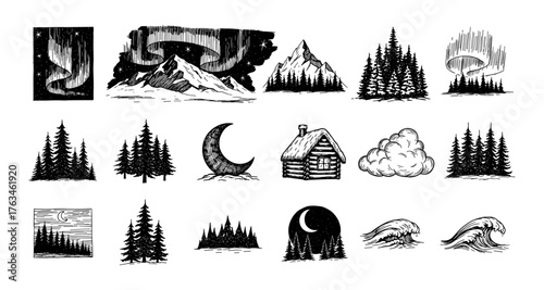 Rustic forest scenes with northern lights and mountains in linear black and white art