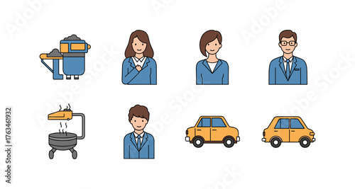 Industrial equipment and professional avatars with compact car icons in flat design