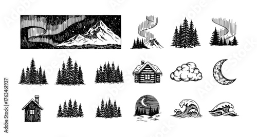 Hand-drawn mountain and forest elements with moon and waves for rustic designs