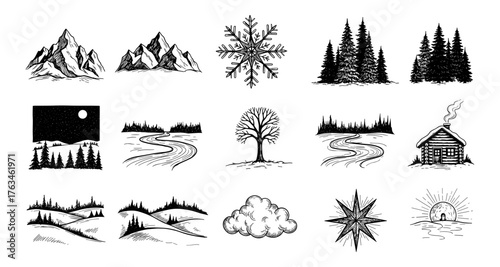 Hand drawn winter landscapes and elements in vintage style