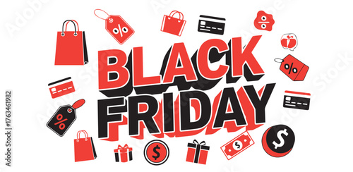 Bold Black Friday text surrounded by shopping bags, gift boxes, credit cards, and discount tags signifying a major sale.
