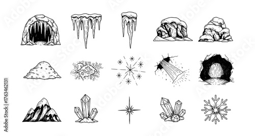 Hand drawn winter elements collection featuring cave, icicles, and snowflakes